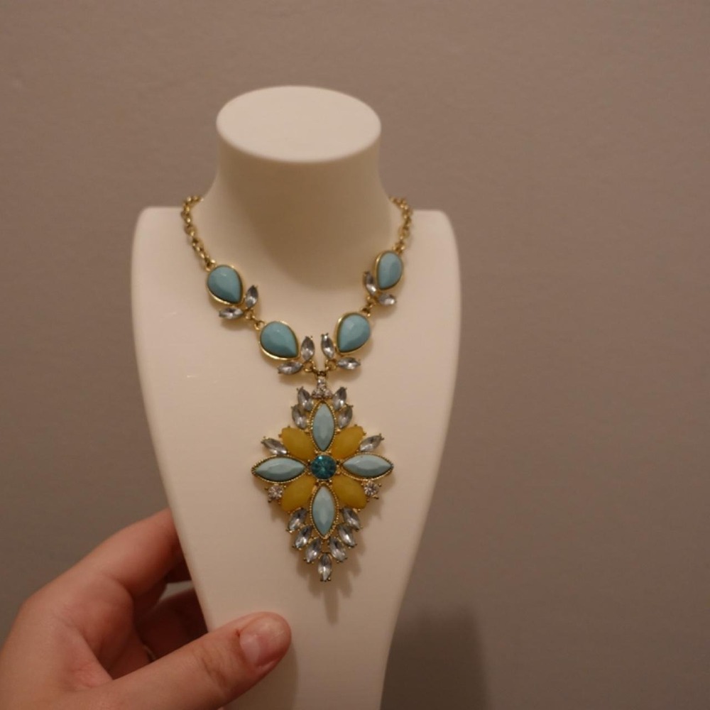 Turquoise Blue Yellow Rhinestone Flower Statement Necklace Gold Tone Boho